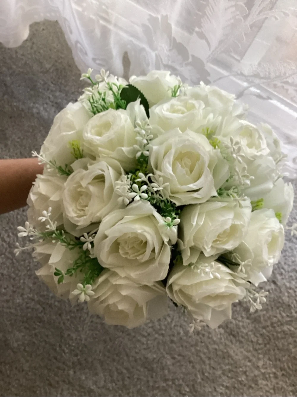 White Rose Bridal Bouquet with Satin Ribbon and hanging heart ❤️ NEW NEVER USED